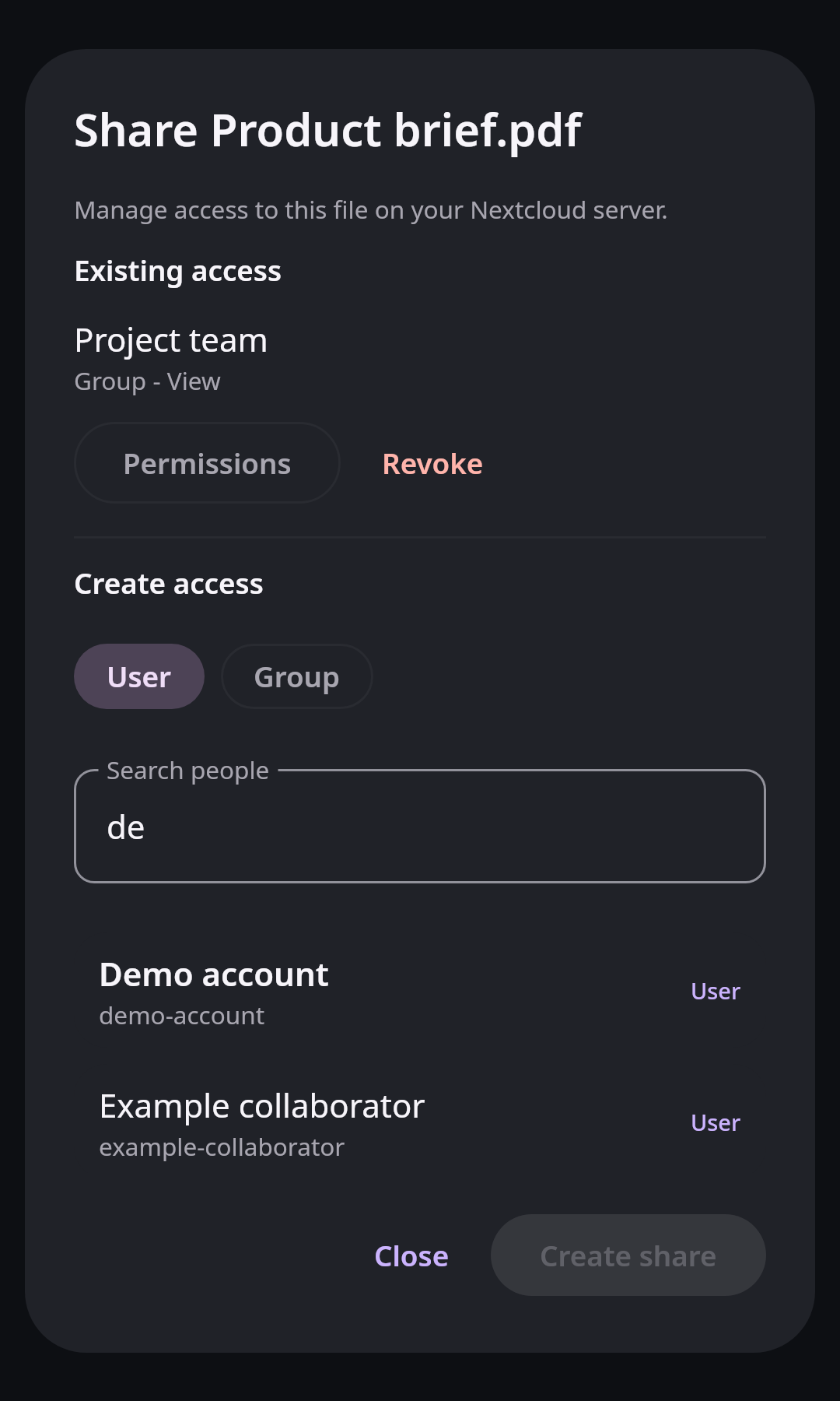 Files Share dialog: User search results